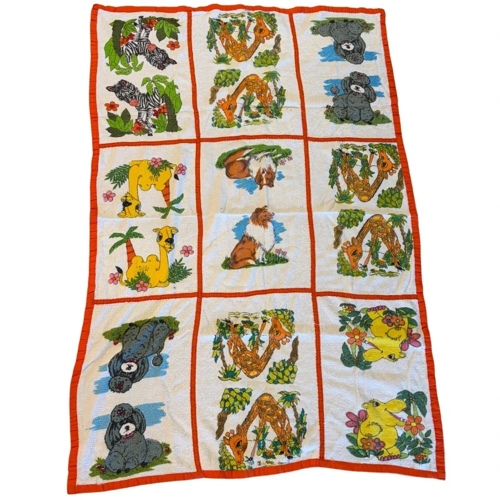Vintage Safari Animal Terry Cloth Towel Orange Trim Giraffe Zebra Aprox 31x41